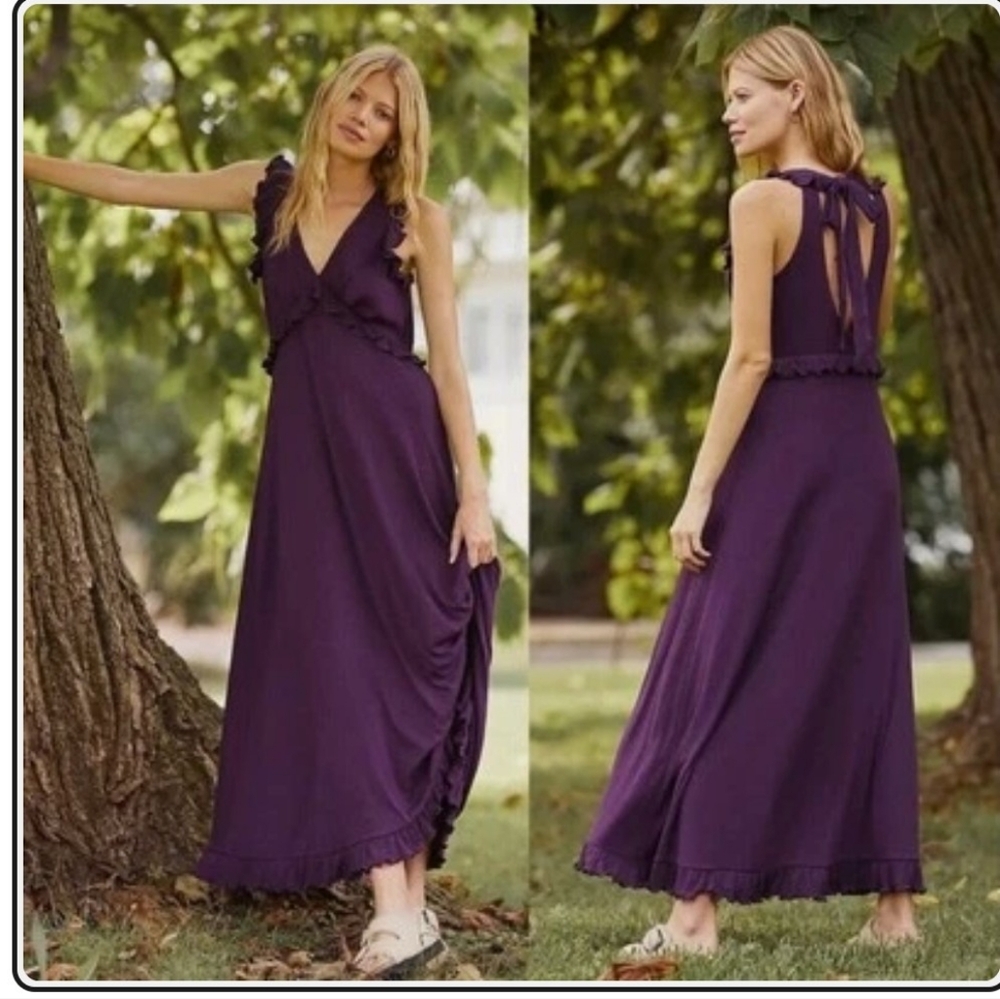 Anthropologie Purple Ruffle Jersey Maxi Dress Size L